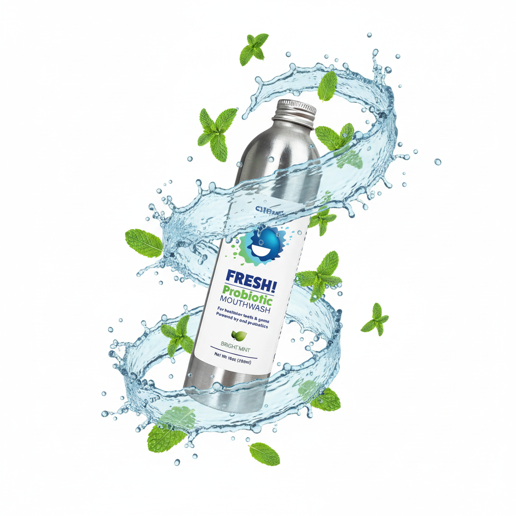 Bottle of Fresh Probiotic Mouthwash with water splash and mint leaves on a white background