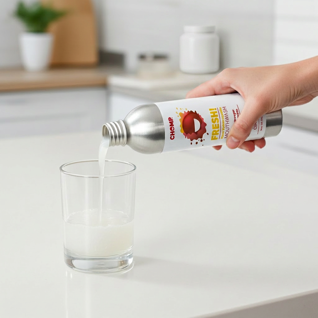 Hand pouring a liquid from a silver bottle labeled 'Chomp' into a glass on a kitchen counter.