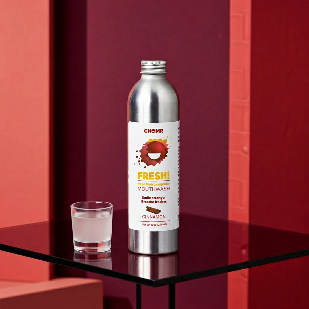 Silver bottle of Chomp Fresh! mouthwash on a black surface with a red background