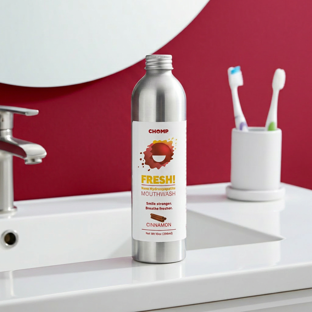 Chomp mouthwash bottle on a bathroom counter with toothbrushes in the background