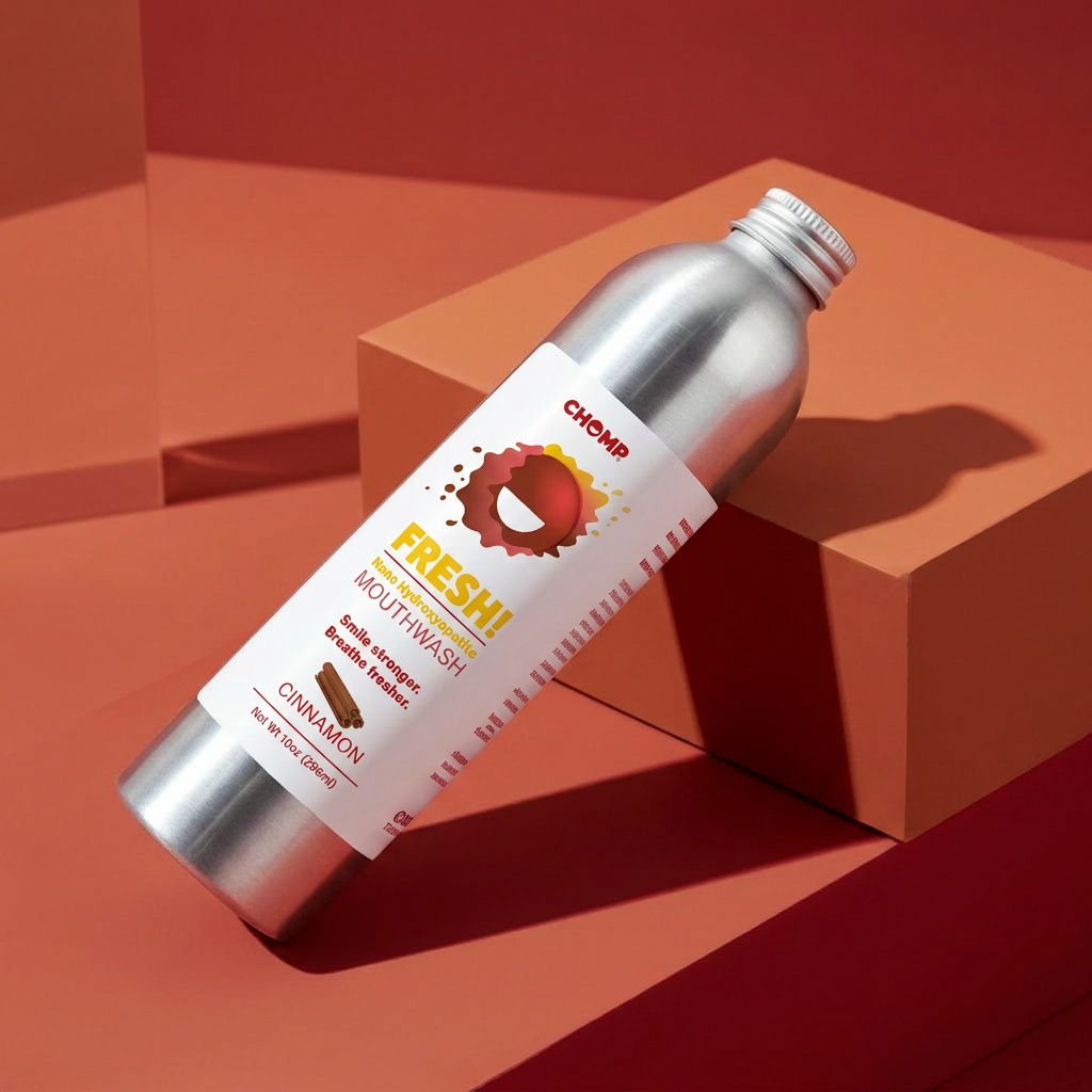 Silver bottle of chewy mouthwash with a red label on a red background