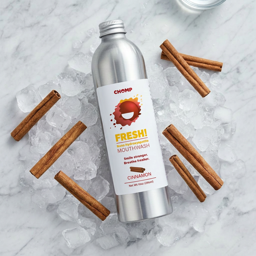 Chomp Cinnamon mouthwash bottle on ice with cinnamon sticks