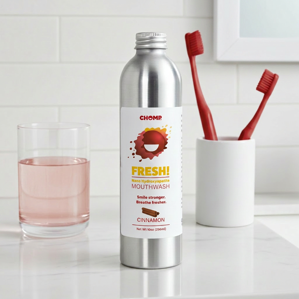 Chomp mouthwash bottle with a glass of water and toothbrushes on a bathroom counter.