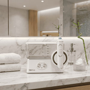 A white oral irrigator and water flosser set sits on a marble bathroom counter with folded towels, a bamboo plant, and bathroom accessories in the background.