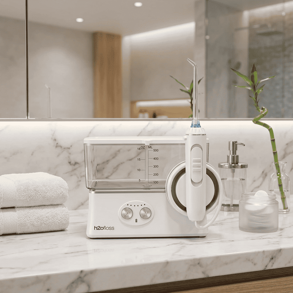 A white oral irrigator and water flosser set sits on a marble bathroom counter with folded towels, a bamboo plant, and bathroom accessories in the background.