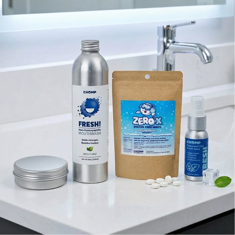 Cleaning products including a bottle, a bag, and tablets on a bathroom counter.