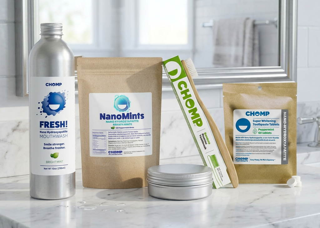 CHOMP dental care products including mouthwash, mints, and toothpaste on a bathroom counter.