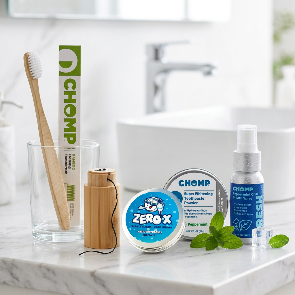 Collection of Chomp dental care products on a marble surface with a blurred bathroom background.