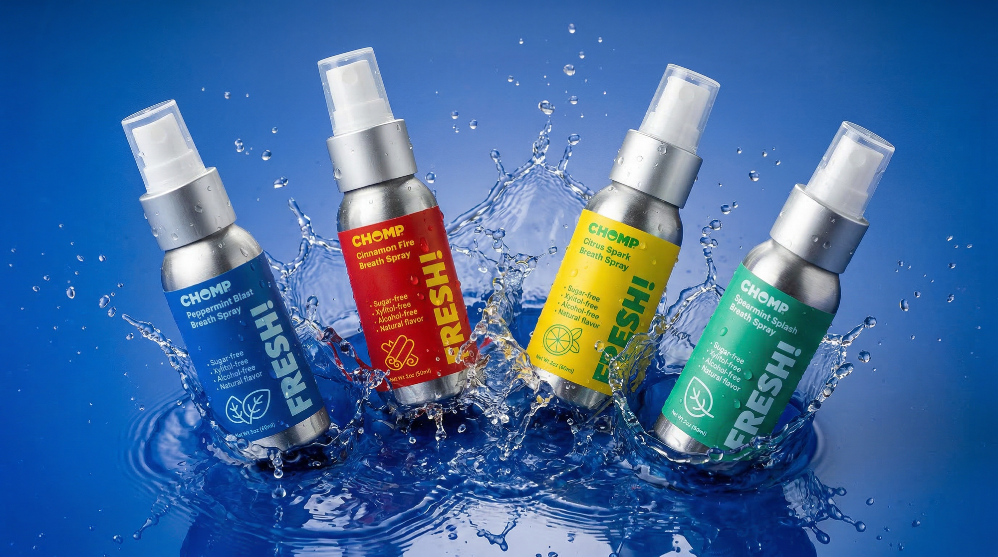 Five spray bottles with different colored labels on a blue background