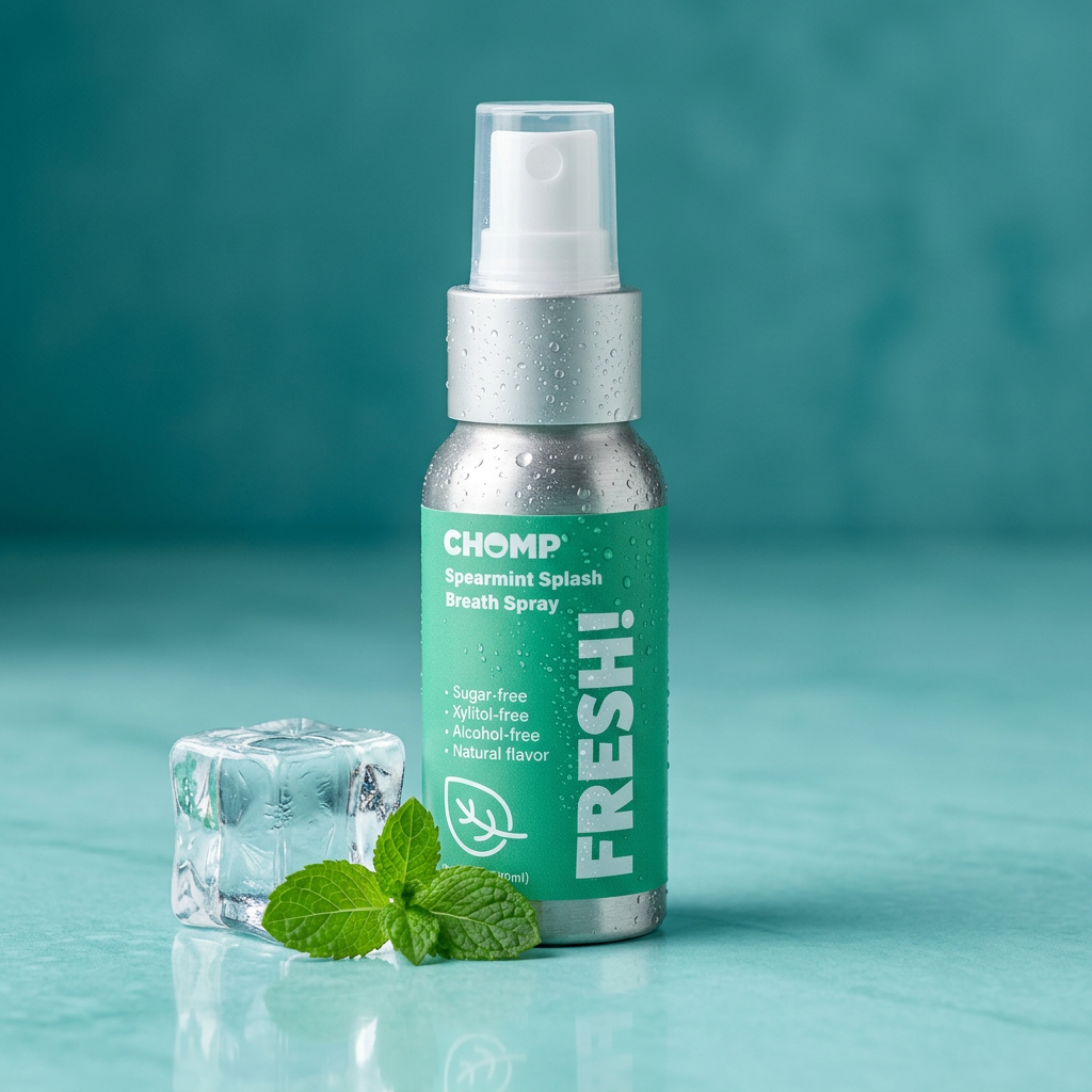 Chomp Spearmint Splash Breath Spray bottle with mint leaves and ice cube on a teal background