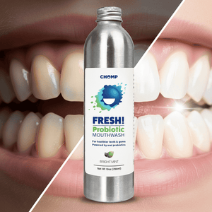 Bottle of Chomp Fresh Probiotic Mouthwash with close-up of teeth before and after use.