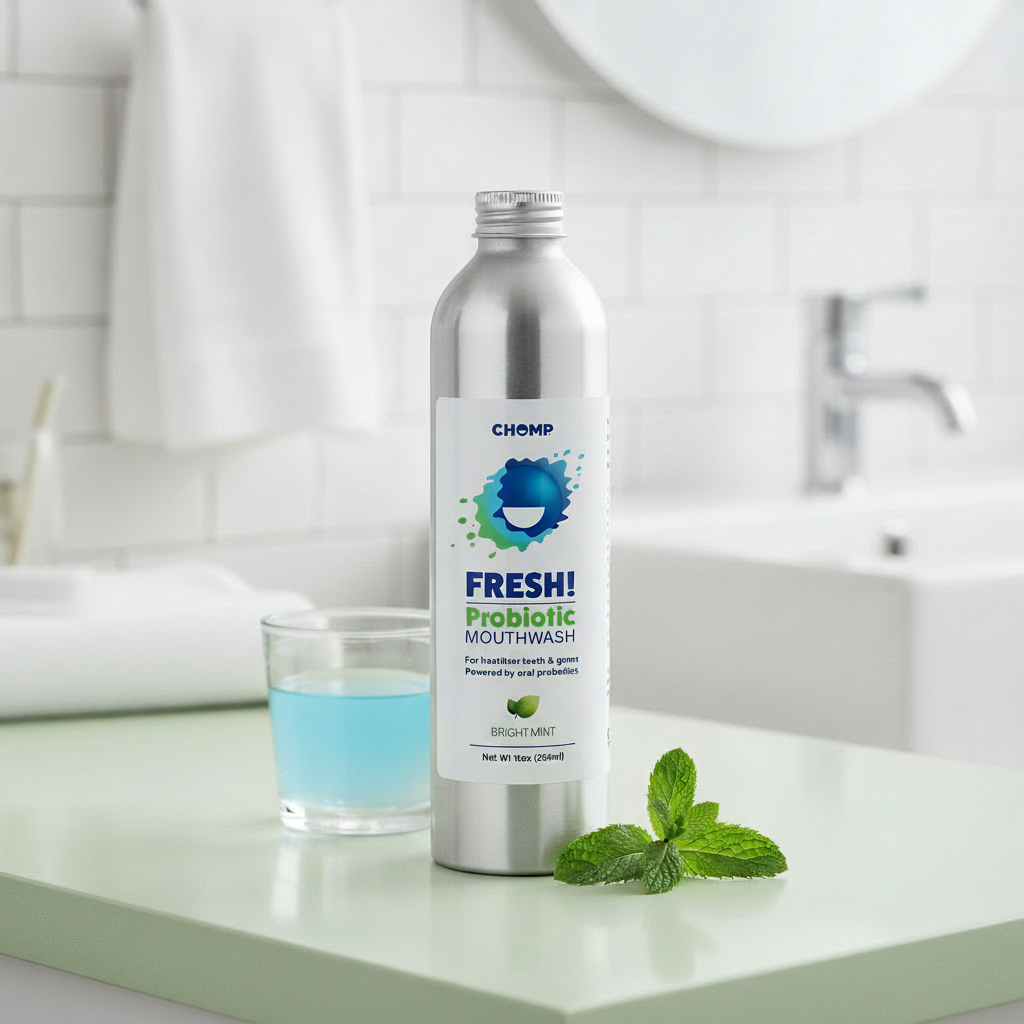 Silver bottle of Chomp Fresh Probiotic Mouthwash on a bathroom counter with a glass of mouthwash and mint leaves.