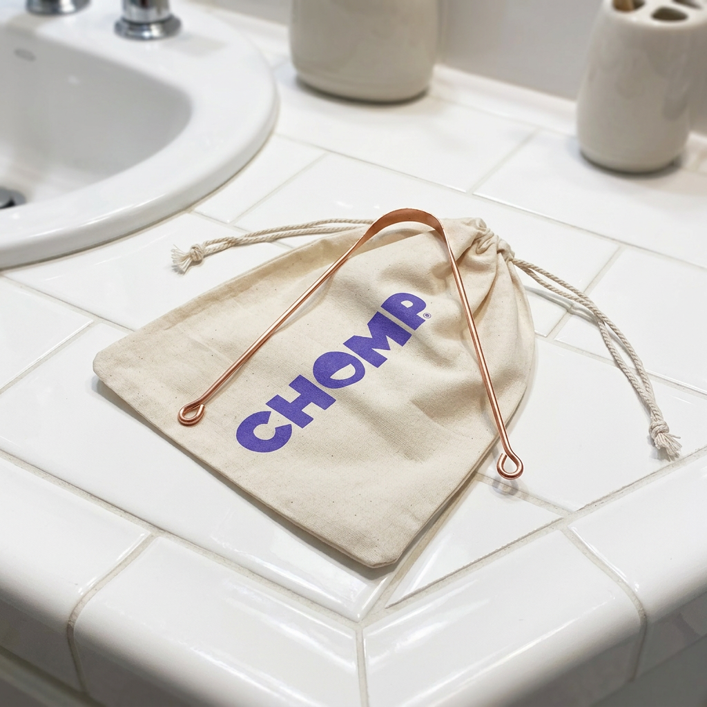 Beige drawstring bag with 'CHOMP' branding on a bathroom counter.