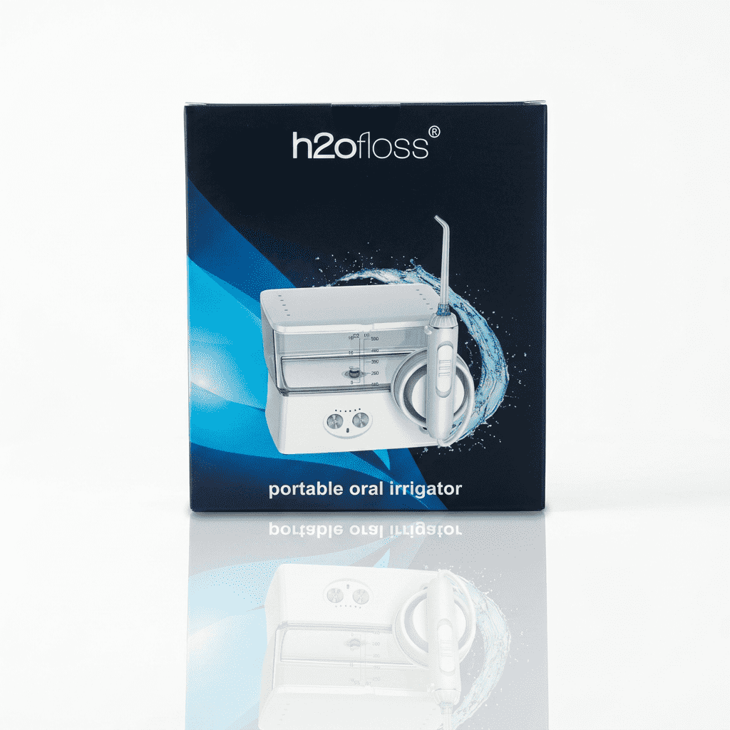 The retail packaging box for the h2ofloss portable oral irrigator, featuring a dark blue and black background with a graphic of the white device and water splash, set against a clean white background with a reflection below.