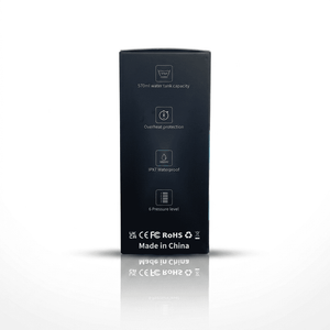 A tall, black product box standing upright on a white reflective surface. The front of the box shows white and light blue printed icons and text including capacity, overheat protection, IP67 waterproof, and made in China.