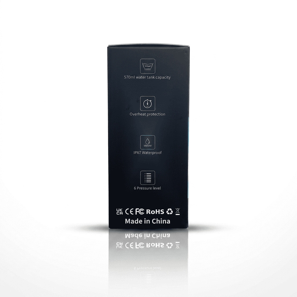 A tall, black product box standing upright on a white reflective surface. The front of the box shows white and light blue printed icons and text including capacity, overheat protection, IP67 waterproof, and made in China.