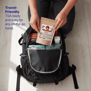 A person kneeling on a light wood floor places a NanoMitts travel pouch into an open black backpack. The scene includes blue text on the left reading 'Travel-Friendly TSA ready and easy for any on-the-go travel.