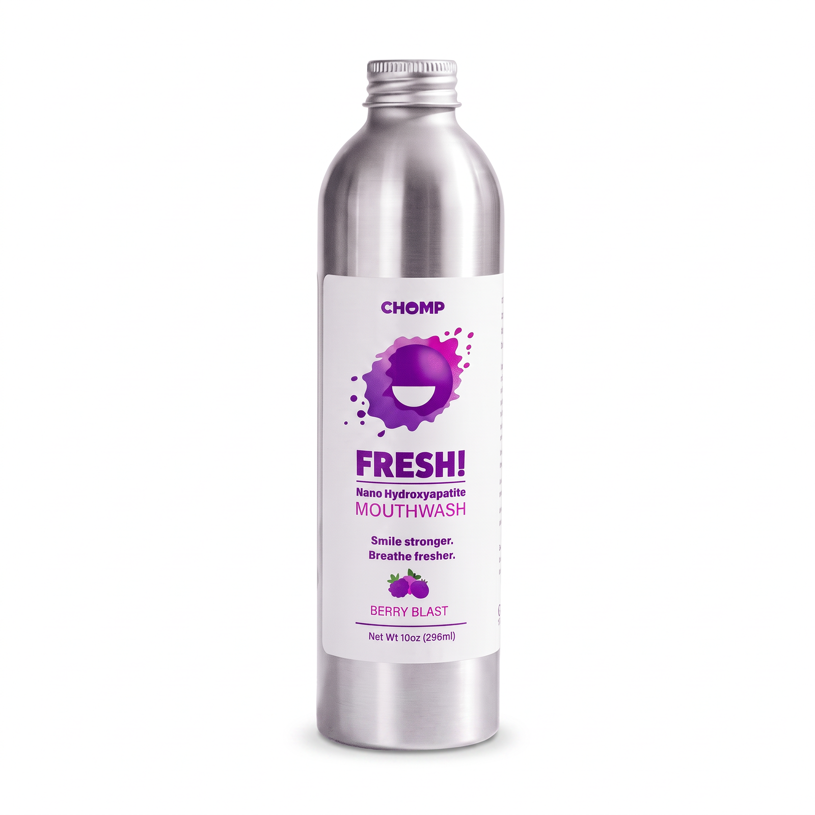 A silver metal bottle of CHOMP Fresh! Nano Hydroxyapatite Mouthwash in Berry Blast flavor, featuring a white label with purple graphics and berry illustrations, set against a plain white background.