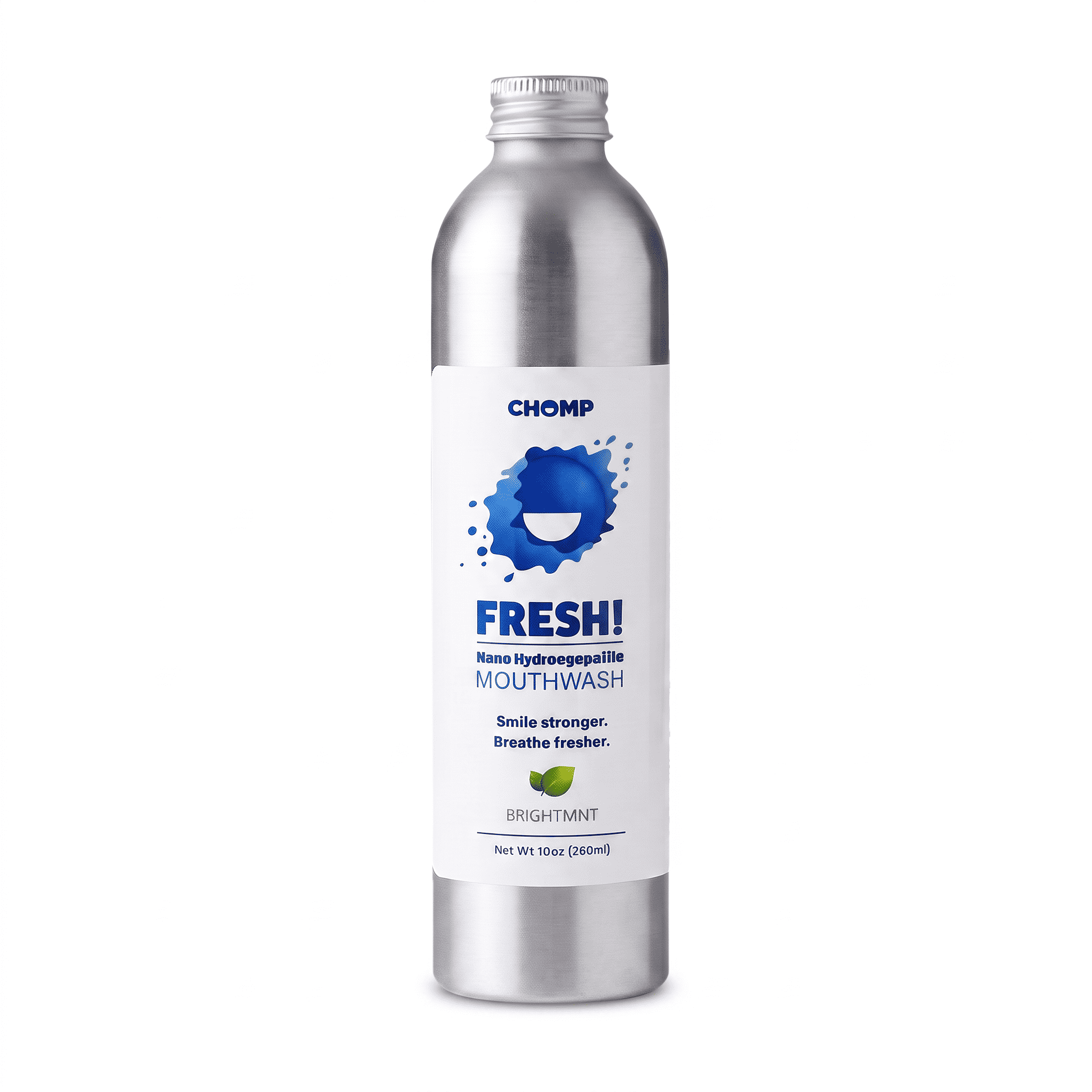 A silver metal bottle of CHOMP Fresh! Mouthwash, Brightmint flavor, on a clean white background.