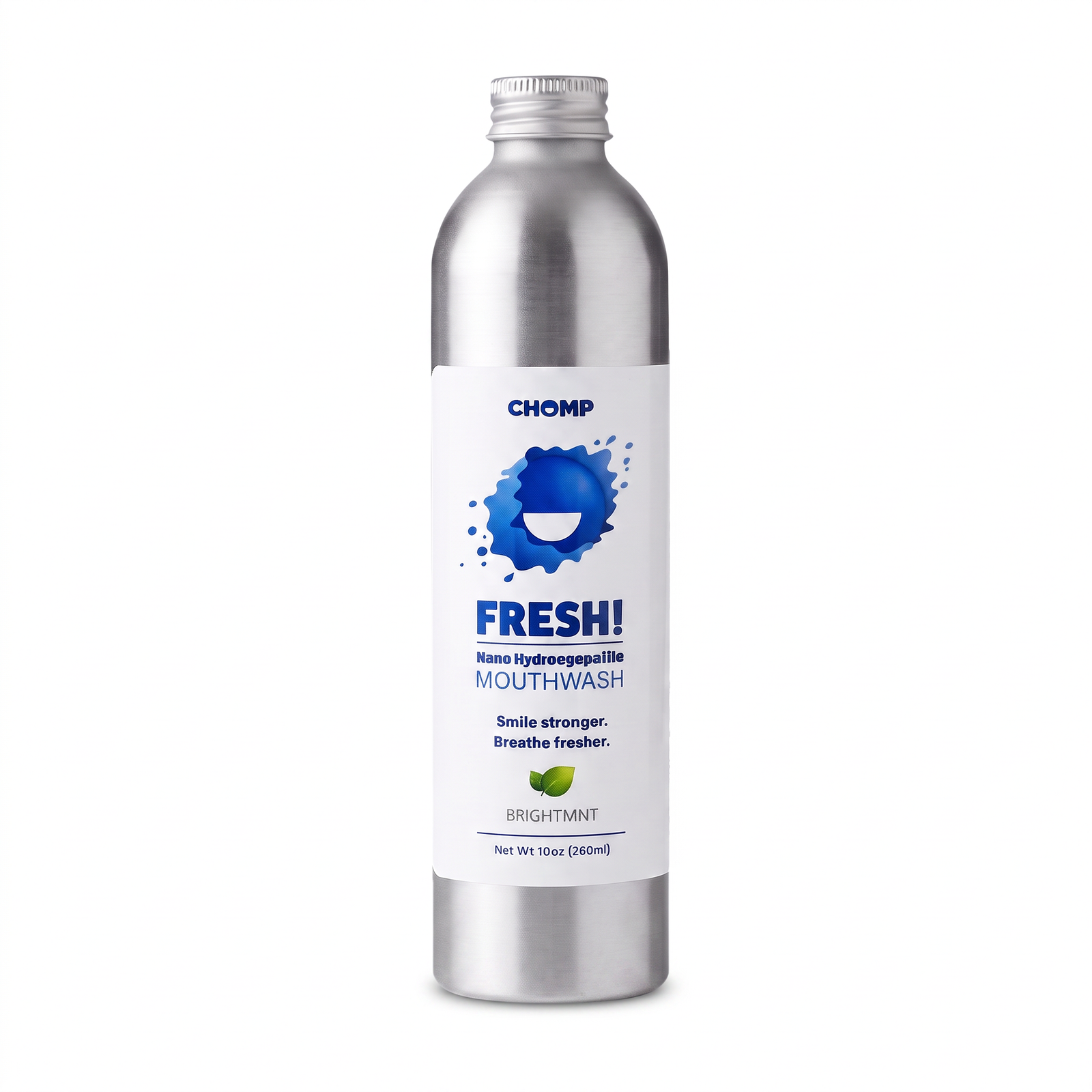 A silver metal bottle of CHOMP Fresh! Mouthwash, Brightmint flavor, on a clean white background.
