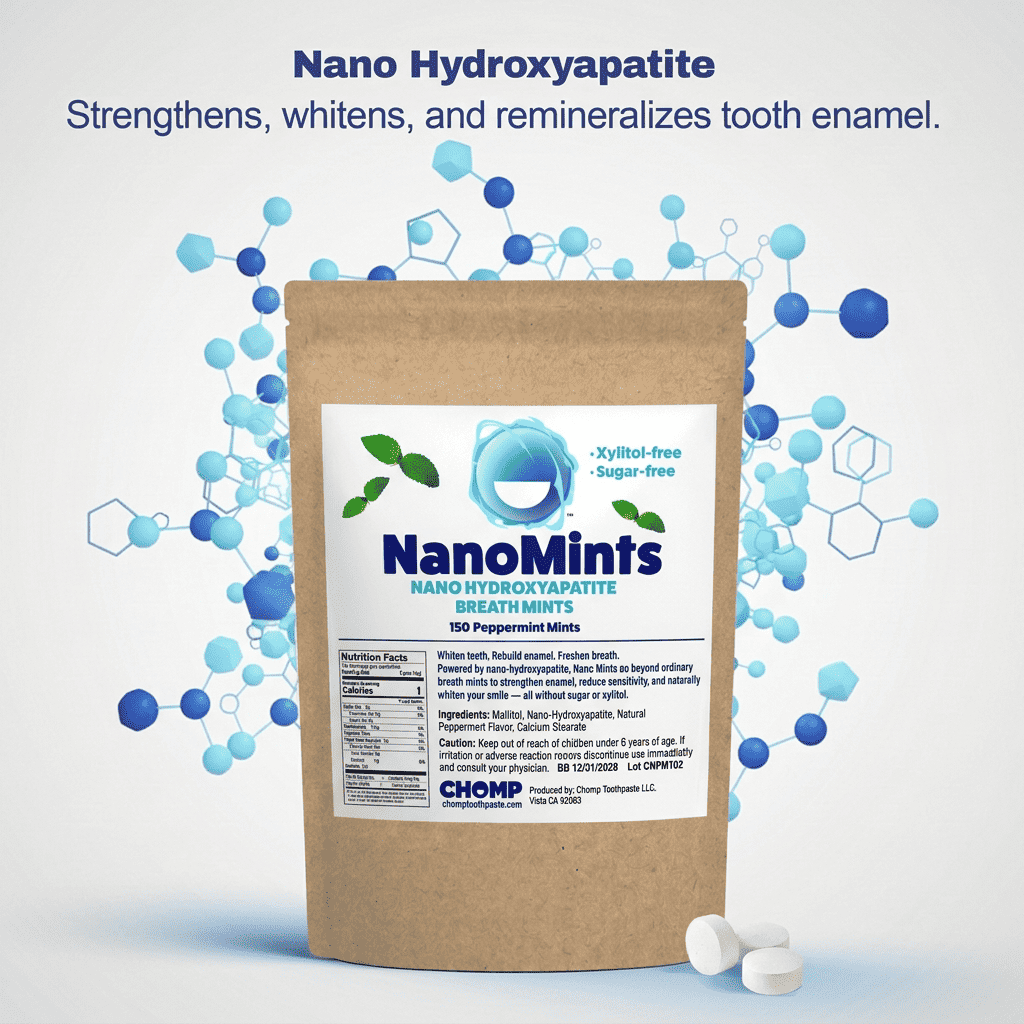 A kraft paper pouch of NanoMints breath mints with a white label, shown on a light gray background with blue molecular graphics and text. Two white mints are placed in front of the pouch.