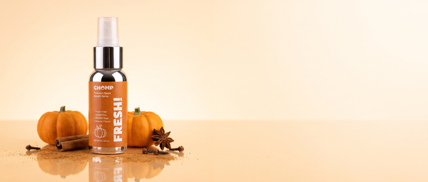 A clear spray bottle with an orange label reading FRESH! and QHMP, styled on a warm beige surface with small pumpkins, cinnamon sticks, and star anise.