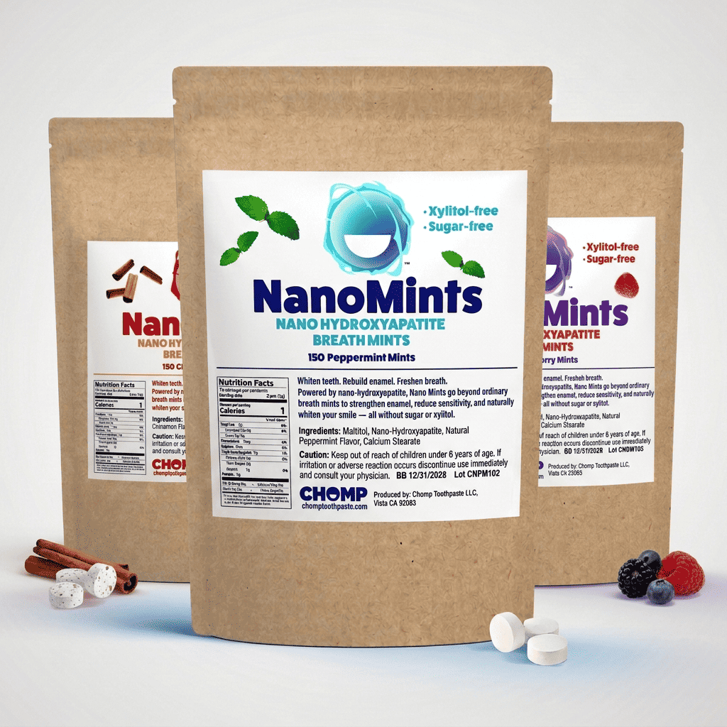 Three stand-up kraft paper pouches of NanoMints breath mint are arranged on a white studio background, with loose mint tablets and small fruit/cinnamon props at the base. The center pouch is fully visible and labeled NanoMints peppermint; the two side pouches are partially cropped and show different flavor labels.