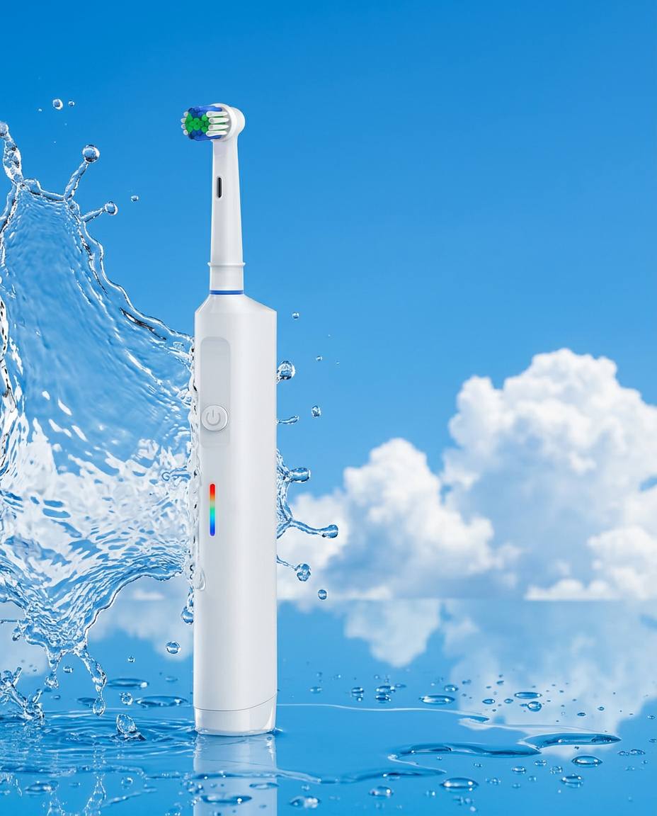 A white electric toothbrush with green and blue bristles stands upright in water against a bright blue sky and cloud background. A large water splash is visible on the left side.