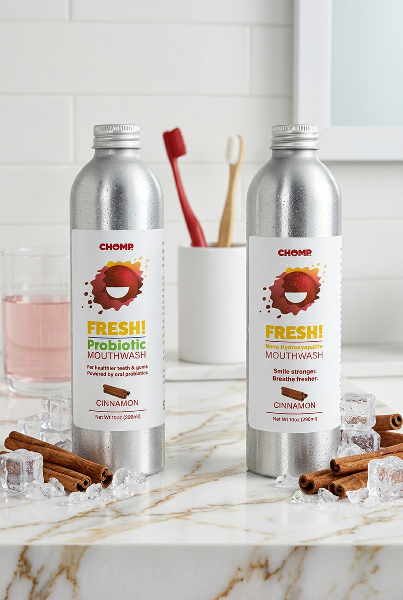 Two bottles of Chomp Fresh! Probiotic Mouthwash on a marble countertop with cinnamon sticks and ice cubes.