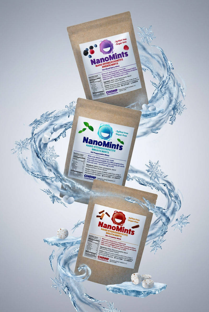 Three stand-up pouches of NanoMints gum mints arranged vertically with swirling water graphics and ice crystals on a light gray background. The top pouch is strawberry, the middle is mint, and the bottom is peppermint, each in a kraft paper pouch with a white label.