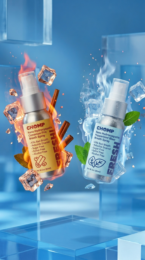 Two Chomp products, one fiery and one refreshing, on a blue background.