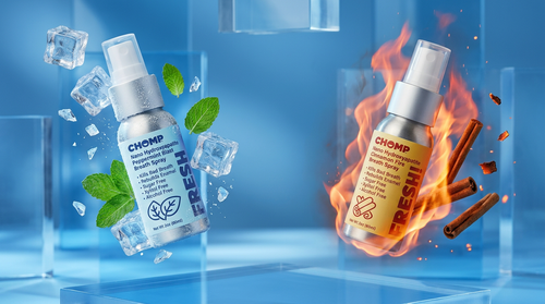 Two bottles of 'Chomp' mouthwash, one labeled 'Fresh Mint' and the other 'Fresh Cinnamon', on a blue background with ice cubes and flames.