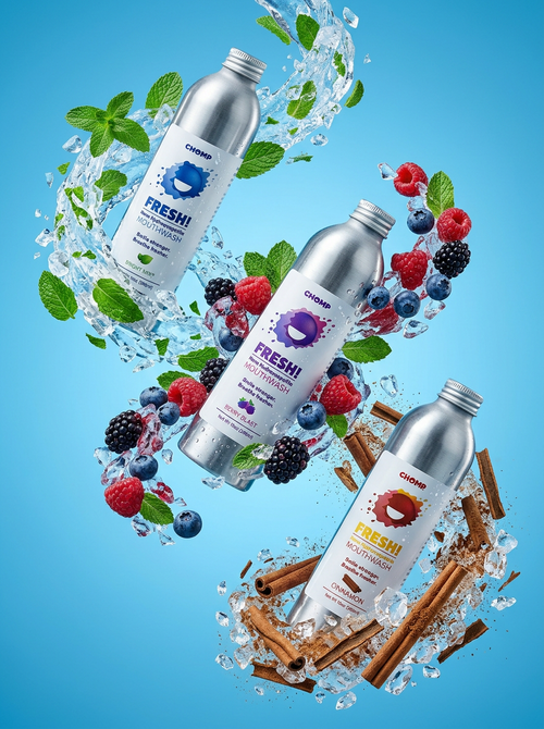Three silver bottles with labels featuring berries and spices on a blue background