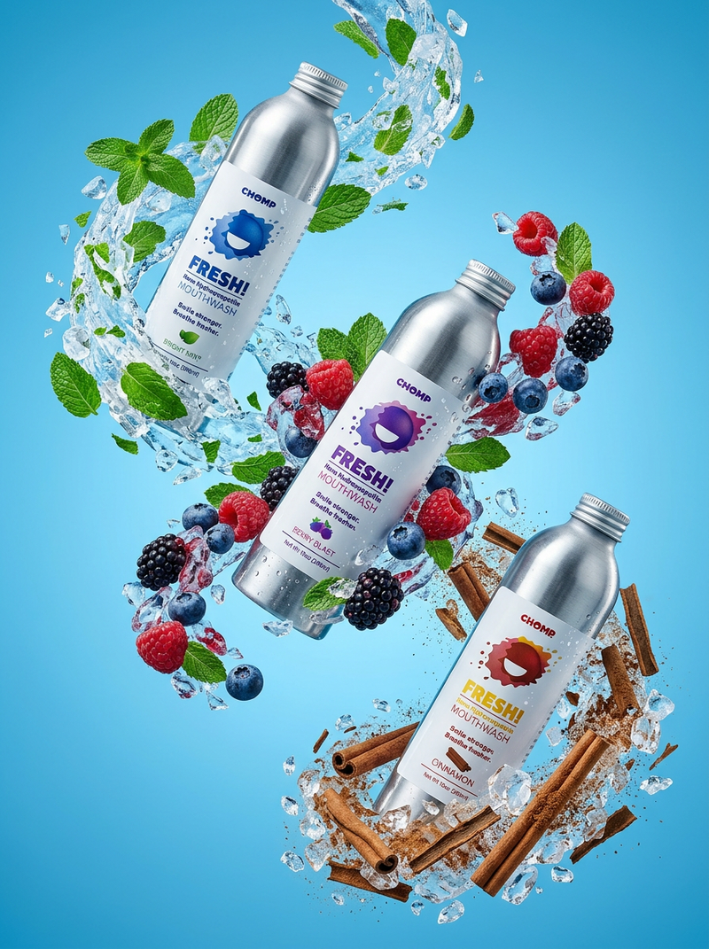 Three silver bottles with labels featuring berries and spices on a blue background