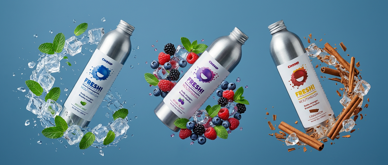 Three bottles of a refreshing drink with different flavor elements on a blue background