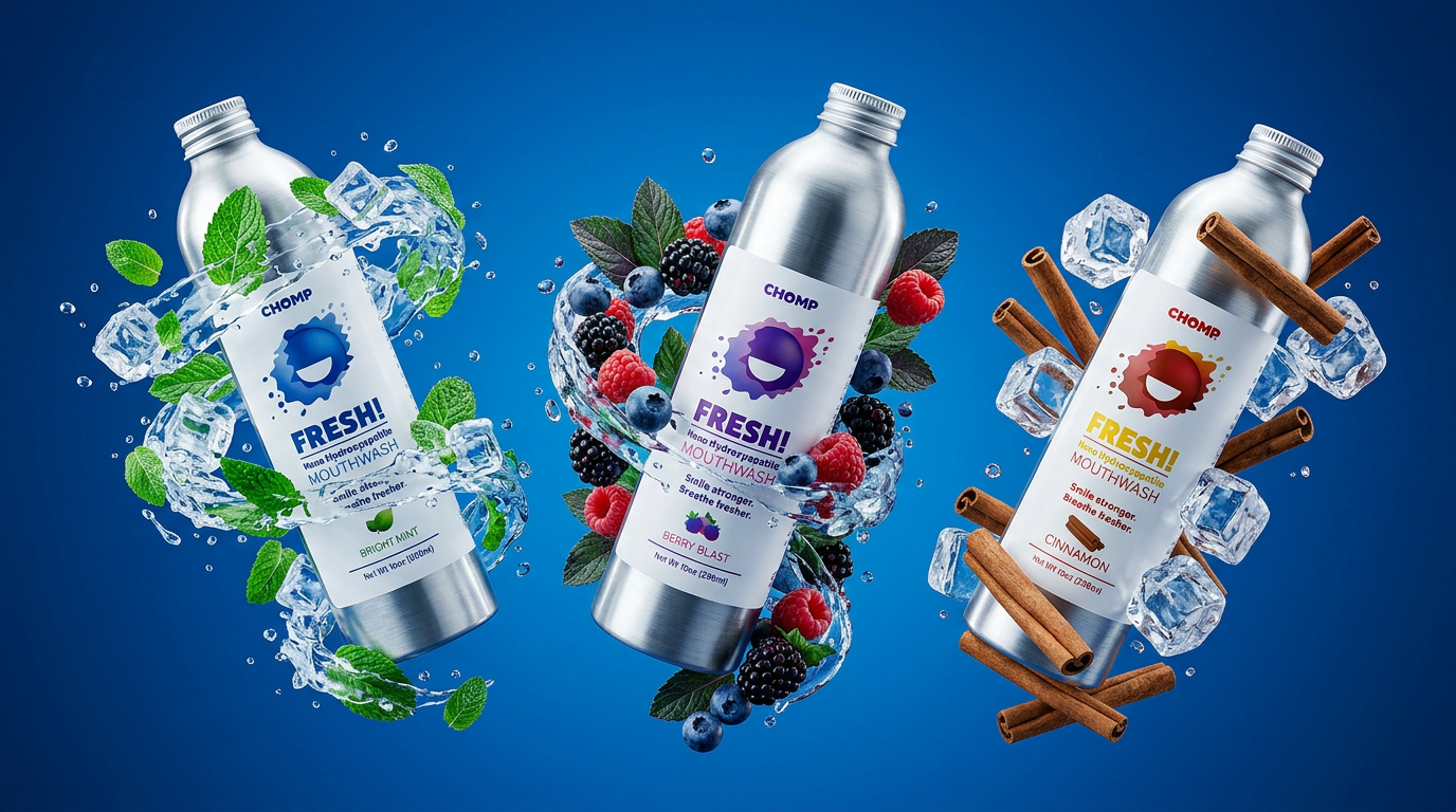 Three bottles of a beverage with different flavor elements on a blue background