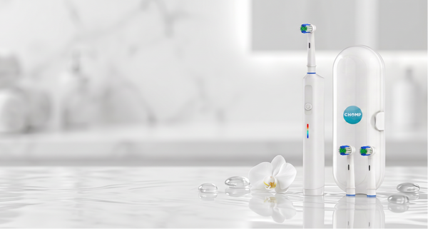 Electric toothbrush sitting on white surface with two heads and travel case.