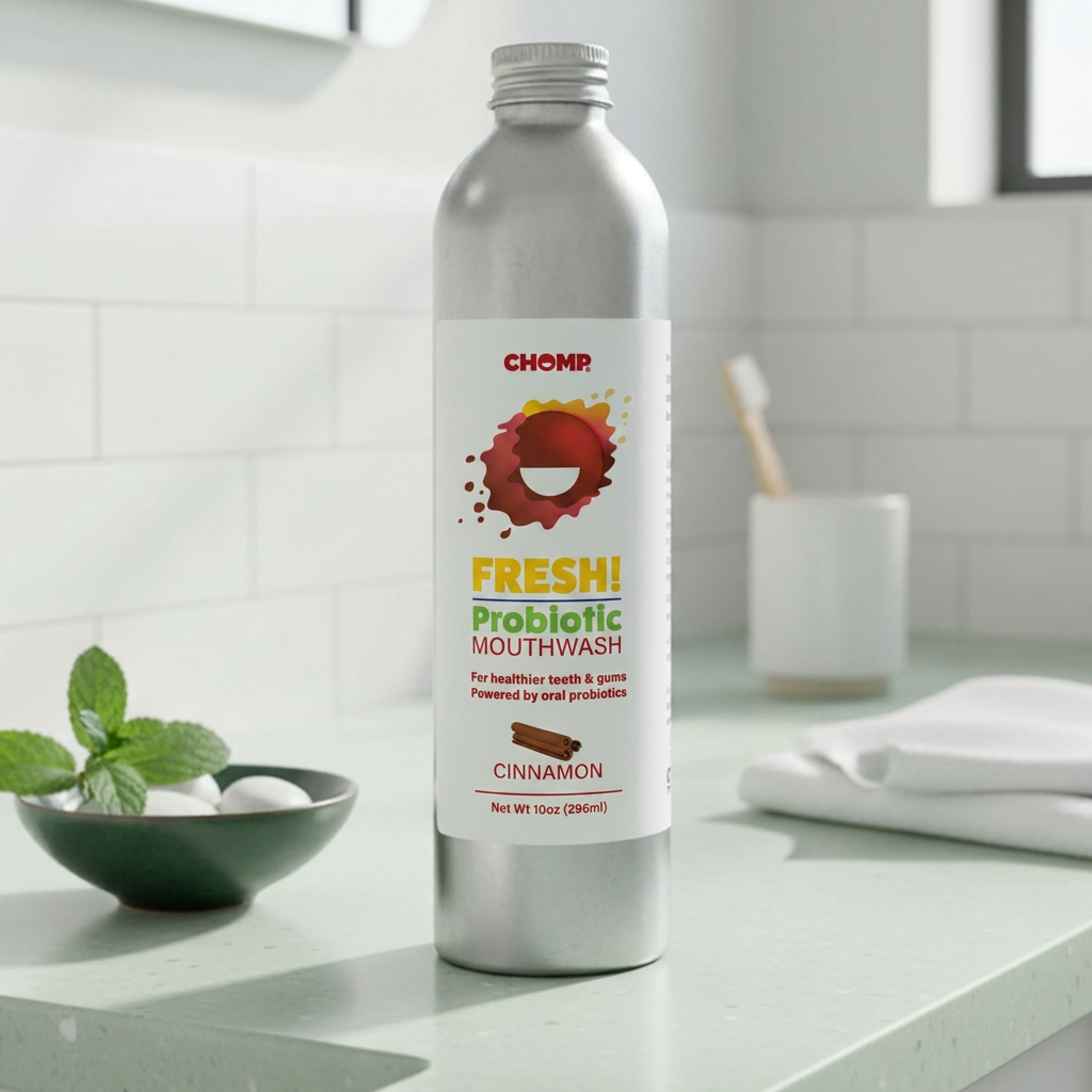 Silver bottle of Chomp Fresh Probiotic Mouthwash on a bathroom counter.