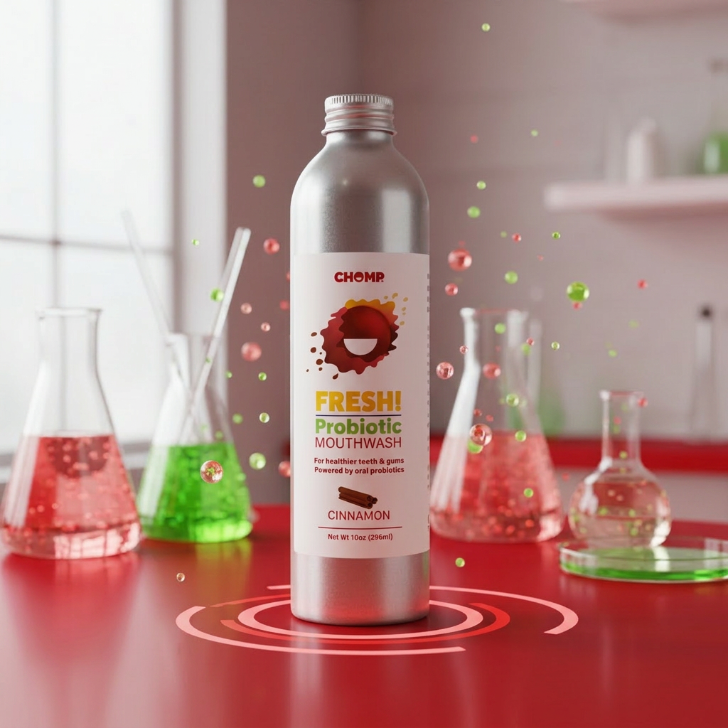 Silver bottle of Chomp Freshi Probiotic Mouthwash on a red surface with laboratory beakers in the background.