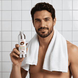 Man holding a bottle of 'Freshe' mouthwash with a towel around his neck in a bathroom setting.