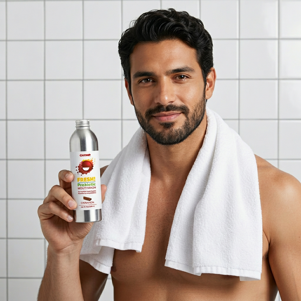 Man holding a bottle of 'Freshe' mouthwash with a towel around his neck in a bathroom setting.