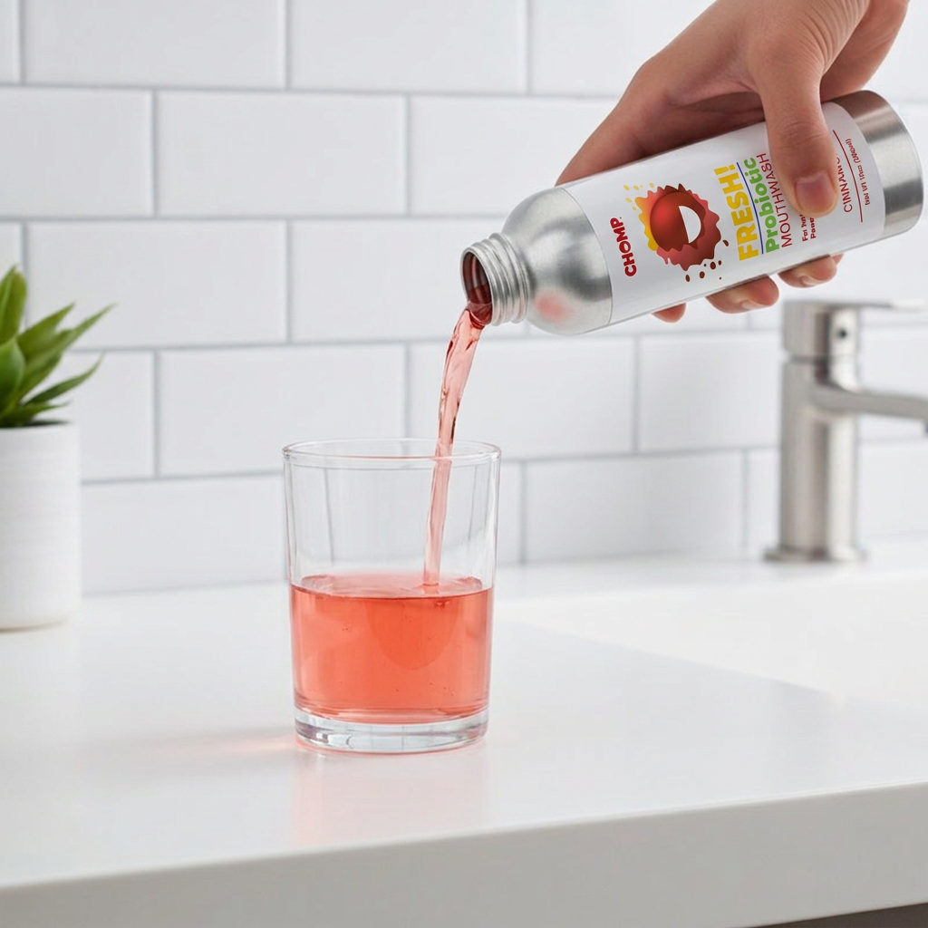 Person pouring pink liquid from a bottle into a glass on a kitchen counter.