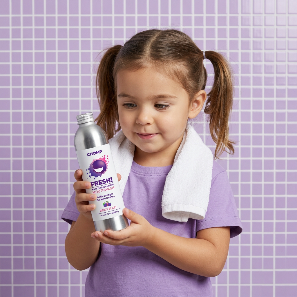 Child holding a bottle of 'Fresh!' mouthwash against a purple tiled wall