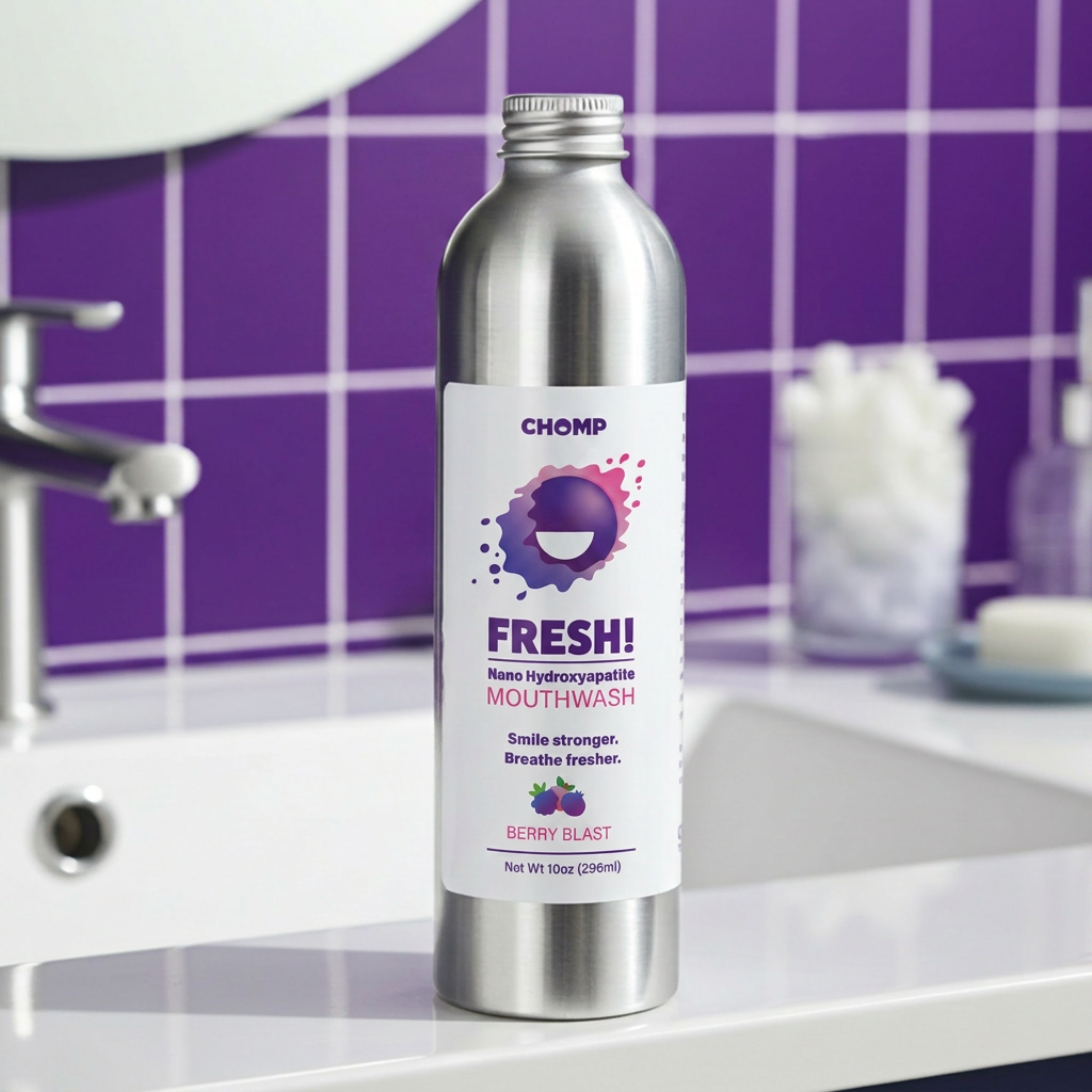 Chomp mouthwash bottle on a bathroom counter with purple tiles in the background