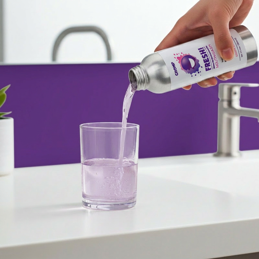 Person pouring a liquid from a bottle labeled 'FRESHMI' into a glass on a kitchen counter.