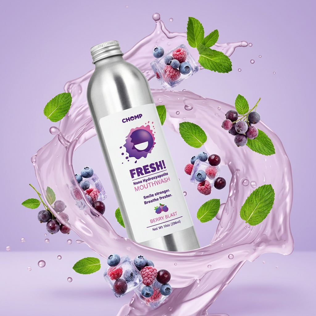 Silver bottle of 'Fresh!' mouthwash with berries and leaves on a purple background