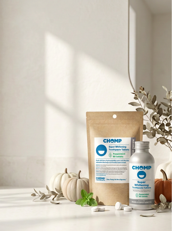 Chomp toothpaste refill and bottle surrounded by pumpkins and greenery.