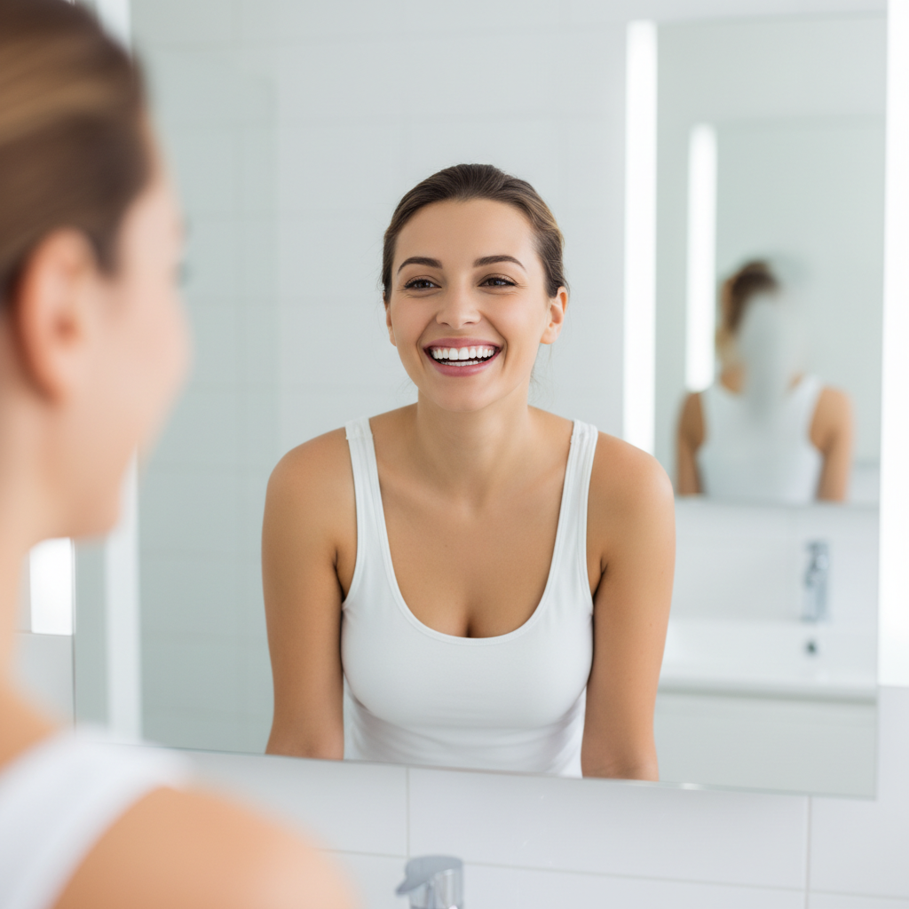 A woman looking into a mirror showing off her bright white teeth.