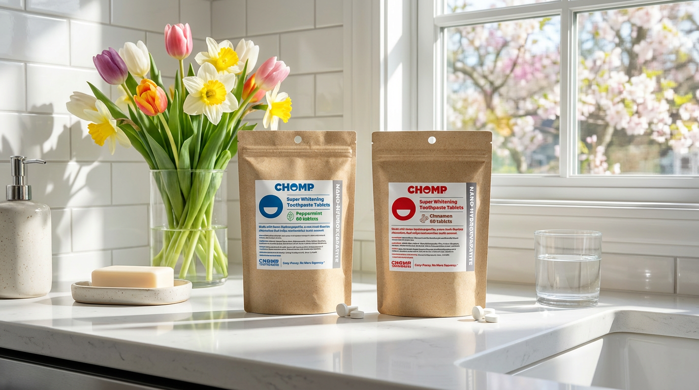 Two packages of 'Chomp' on a kitchen counter with flowers and a window in the background.