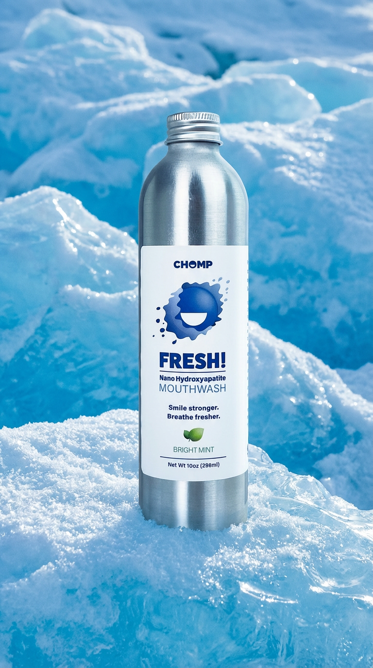 Bottle of FRESH! mouthwash with a blue label against a snowy background
